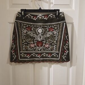Blue Rain Olive Green Embroidered Mini Skirt with Red & White Accents